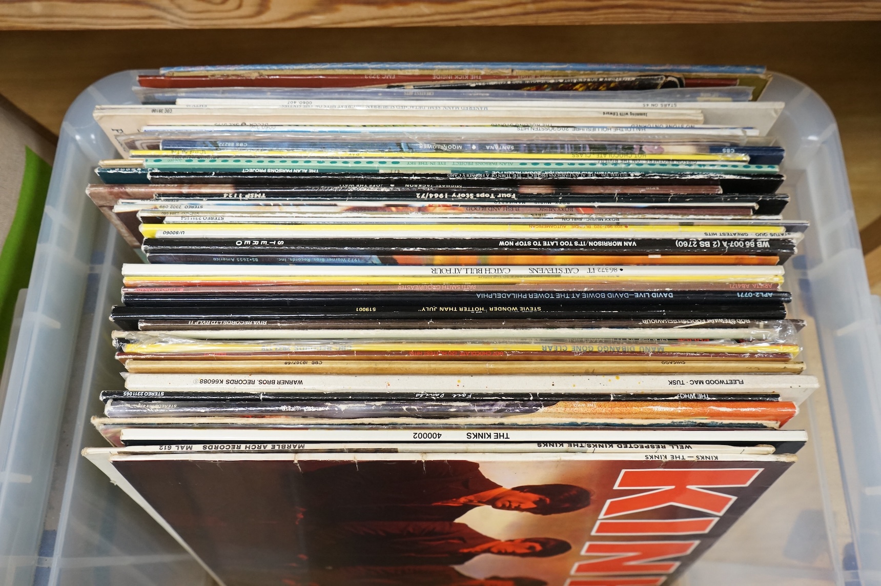 Fifty rock and pop LP record albums, including an early pressing of The Kinks first album, together with artists including; The Who, Fleetwood Mac, Rare Earth, Hot Chocolate, Rod Stewart, David Bowie, Patti Smith, Steve